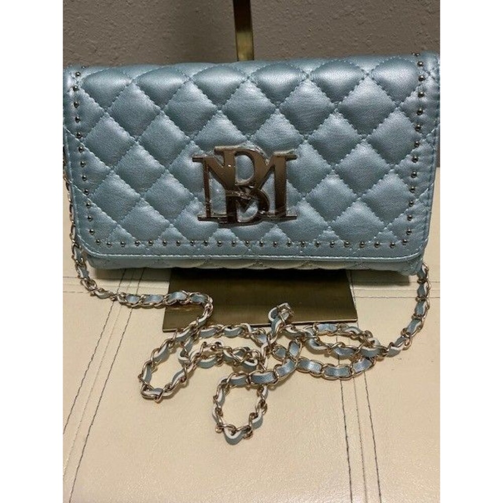 Badgley Mischka Quilted Crossbody Bag Blue Metal Vegan Leather NWT - Picture 2 of 8